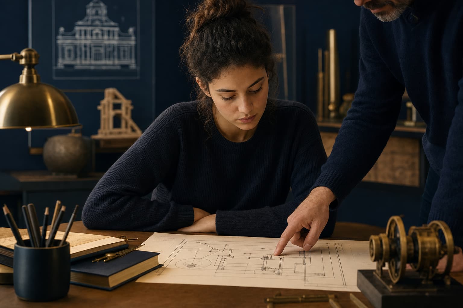A learner studying a technical drawing with a mentor in a focused classroom