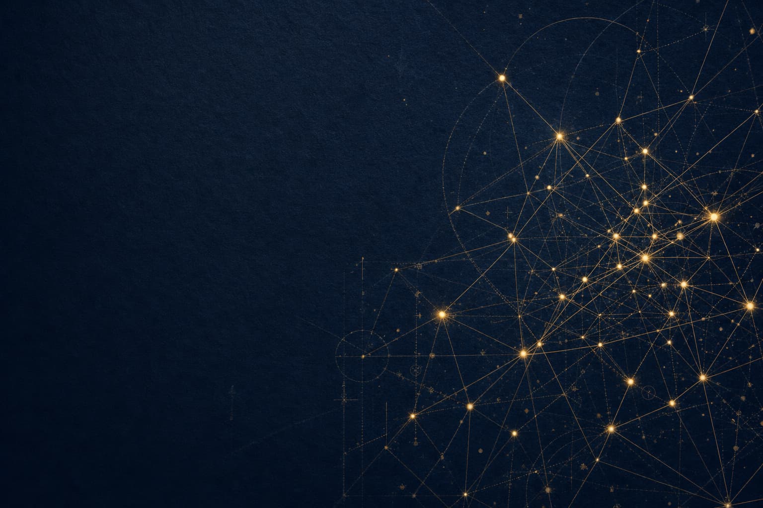 A network of connected points and fine gold lines on a midnight-blue field