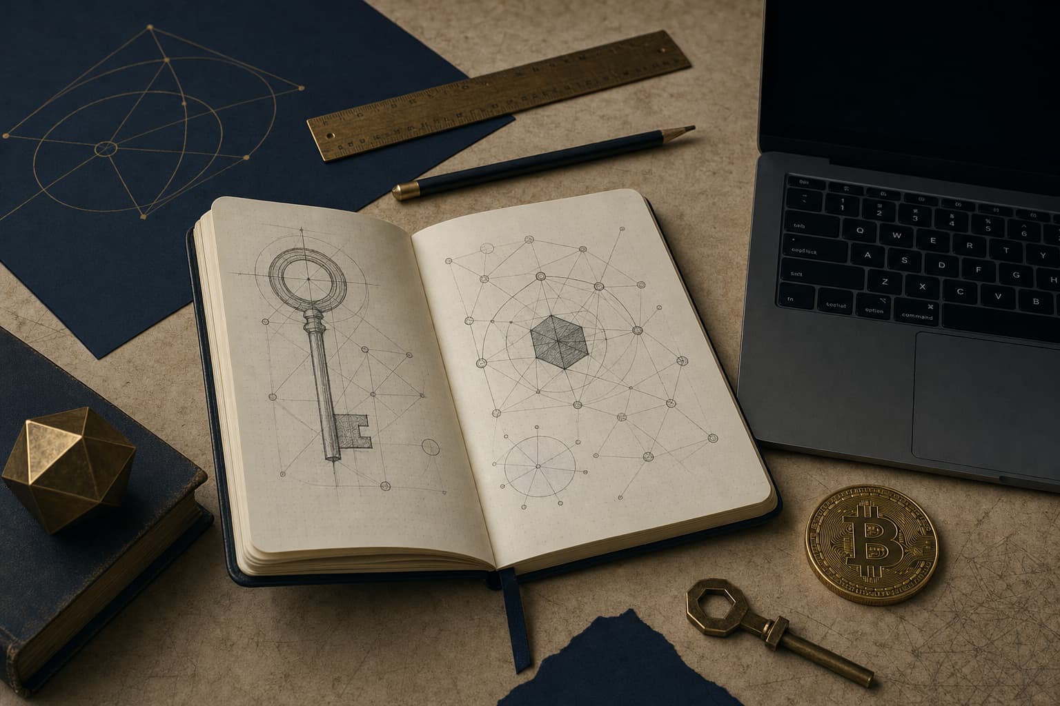 An open notebook with geometric diagrams beside a laptop, ruler, and pencil